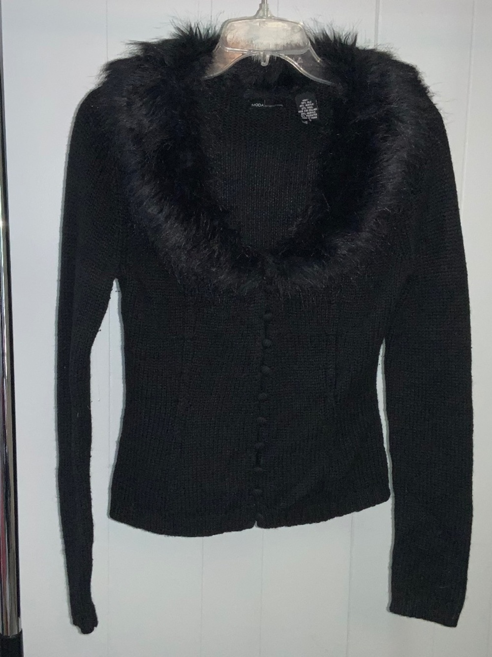Moda International black silk wool blend V neck cardigan sweater Sz S faux fur
